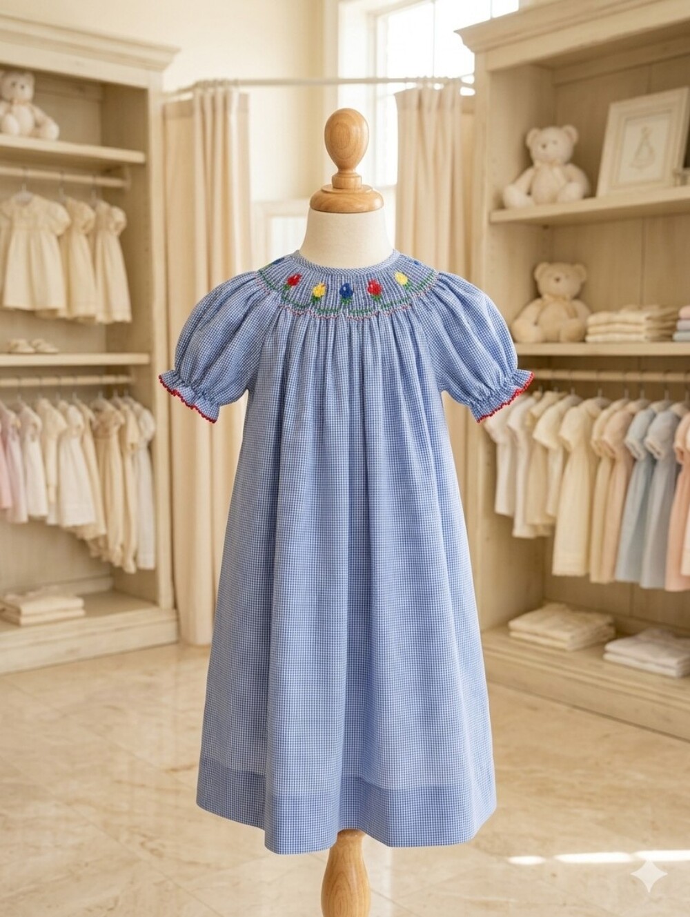 Amanda Remembered Blue & White Smocked Kids Dress with Christmas Lights. Sz 5